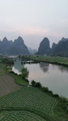 Aerial-View-of-Farmland-and-Mountains-in-Vietnam,-vertical