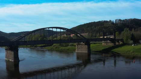 Aerial-View-of-Bridge-on-River-Elbe-at-Bad-Schandau-Near-Dresden,-Germany