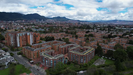 Aerial-view-flying-over-unique-condominium-in-Bogota-city,-daytime-in-Colombia