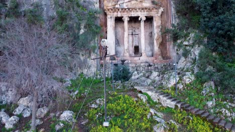 Ancient-Amyntas-Tomb-in-Fethiye,-Aerial-Drone-View,-Fethiye-Muğla-Türkiye:-Built-in-the-Year-350-BC