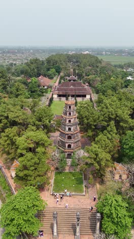 Aerial-view-of-the-Thien-Mu-Pagoda,-also-known-as-the-Pagoda-of-the-Celestial-Lady-in-Hue-City,-Vietnam