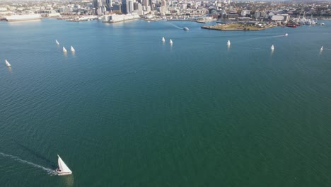 Panorama-Del-Puerto-De-Waitemata,-Auckland-CBD-Y-Terminales-En-Nueva-Zelanda