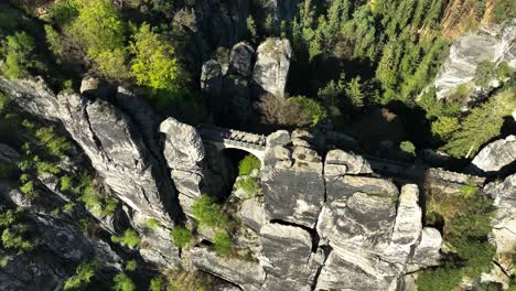 Aerial-View-of-Bastei-Rock-Formation-with-People-Walking-in-Kurort-Rathen,-Germany