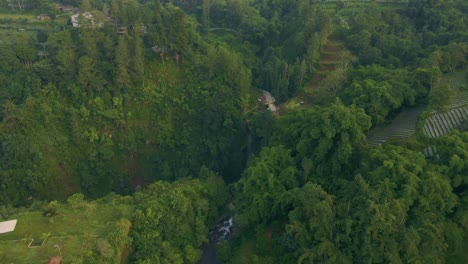 Vista-Aérea-De-La-Cascada-En-Medio-Del-Bosque