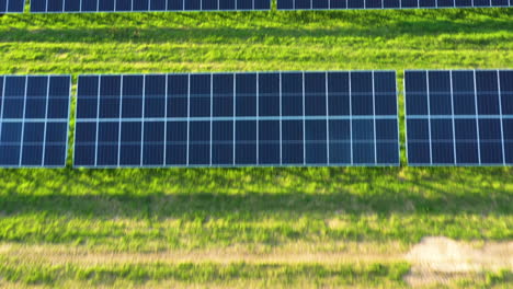 Niedriger-Luftflug-über-Einer-Solarpanel-Farm-Auf-Einer-Grünen-Wiese-In-Der-Goldenen-Stunde