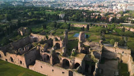 High-Aerial-View-Above-Ancient-Roman-Baths,-Terme-di-Caracalla