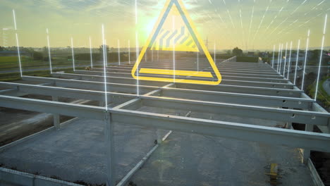 Augmented-reality-visualization-of-structural-beams-and-a-warning-sign-on-a-construction-site,-emphasizing-safety-and-advanced-planning-in-modern-construction-practices