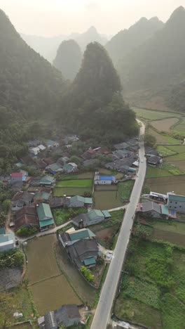 Aerial-View-of-Farmland-and-Mountains-in-Vietnam,-Cao-Bang-in-vertical-view