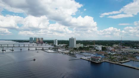 Drone-aerial-shot-flying-over-the-Caloosahatchee-River-and-into-Fort-Myers