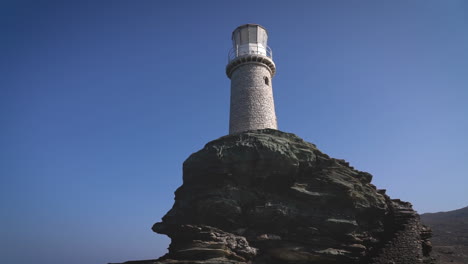 Close-up-of-a-historic-lighthouse-perched-on-a-rugged-rock-against-a-clear-blue-sky