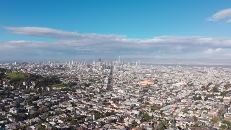 High-altitude-drone-shot-of-downtown-San-Francisco,-California-Bay-Area
