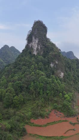 Picturesque-lush-green-mountains-and-valleys-of-the-Cao-Bang,-Vietnam-landscape,-aerial-vertical-video