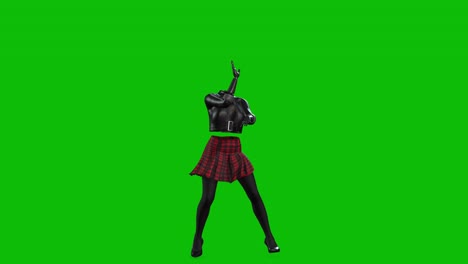 3D-invincible-woman-wearing-leather-jacket,-short-skirt-and-high-heels,-dancing-on-green-screen,-3D-animation