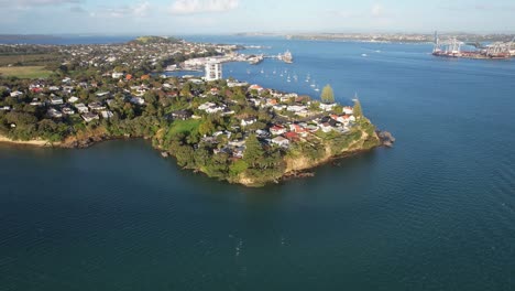 Aerial-View-Of-Stanley-Point-Suburb-on-the-North-Shore-of-Auckland,-New-Zealand