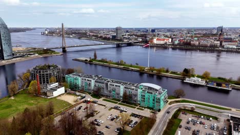 Drone-reveal-Latvia-Riga-capital-city-in-Zunds-River-aerial-panoramic-waterfront