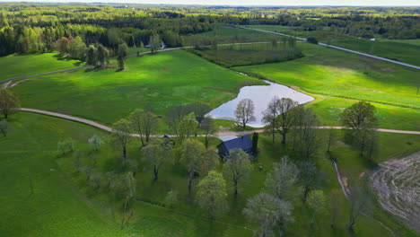 European-countryside-secluded-house-around-green-meadow-pine-forest-rural-landscape-aerial-drone-shot