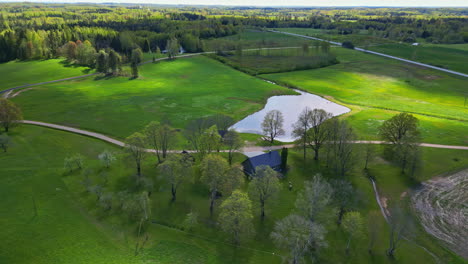 Campo-Europeo-Casa-Aislada-Alrededor-De-Una-Pradera-Verde-Bosque-De-Pinos-Paisaje-Rural-Disparo-Aéreo-De-Drones