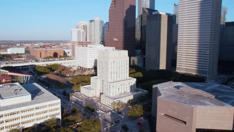 Aerial-View-of-Houston-City-Hall-and-Downtown-District-Buildings-on-Sunny-Day,-Texas-USA,-Drone-Shot