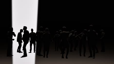 3D-People's-silhouettes-dancing-and-having-fun-on-black-background,-with-white-light-passing