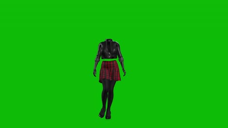 Unbesiegbare-3D-Frau-In-Lederjacke,-Kurzem-Rock-Und-High-Heels,-Läuft-Auf-Grünem-Bildschirm,-Nahtlose-3D-Loop-Animation,-Vorderansicht