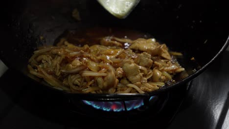 Pollo-Y-Cebolla-Fritos-En-Un-Wok-Caliente-Sobre-Una-Llama-Abierta