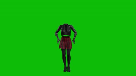 3D-unbesiegbare-Frau-Mit-Lederjacke,-Kurzem-Rock-Und-High-Heels,-Tanzt-Auf-Grünem-Bildschirm,-3D-Animation