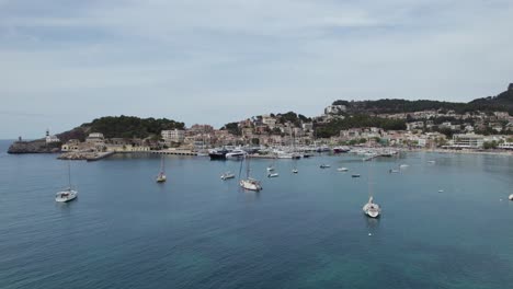 Aerial-View-of-Boats-in-Harbor-at-Port-Soller,-Mallorca,-Spain