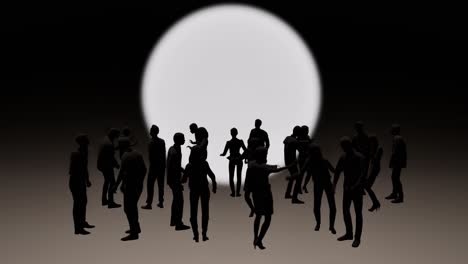 3D-People's-silhouettes-dancing-and-having-fun-on-black-background-with-white-circle-light-behind