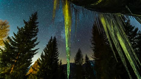 Zeitraffer-Des-Sternenhimmels-Mit-Kiefern-Und-Eiszapfen-Im-Vordergrund-|-Alpen,-Italien-–-Valmalenco