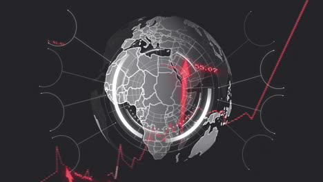 Animation-of-globe,-networks-and-digital-data-processing-over-black-background