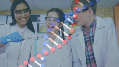 Animation-of-dna-strand-over-diverse-students-doing-experiments