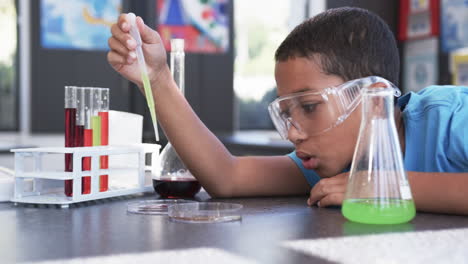 A-young-African-American-student-examines-chemical-reaction-in-a-classroom