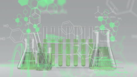 Animation-of-data-processing-over-beakers-and-chemical-formula