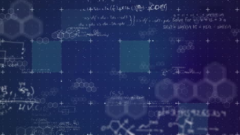 Animation-of-mathematical-equations-over-squares-on-blue-background