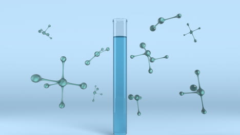 Animation-Von-Molekülen-über-Einem-Reagenzglas-Mit-Blauer-Flüssigkeit-Im-Labor