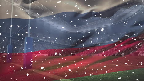 Animación-De-Confeti-Cayendo-Y-Bandera-De-Rusia-Sobre-El-Estadio-Deportivo.