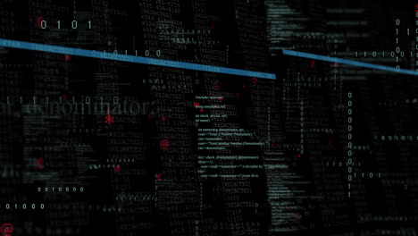 Animation-of-blue-lines-and-red-cursors-over-layers-of-data-processing-on-black-background