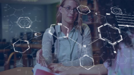 Animation-of-elements-and-data-processing-over-happy-diverse-female-students-talking-in-library