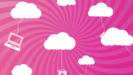 Animation-Von-Wolken-Mit-Elektronischen-Geräten-über-Rosa-Streifen