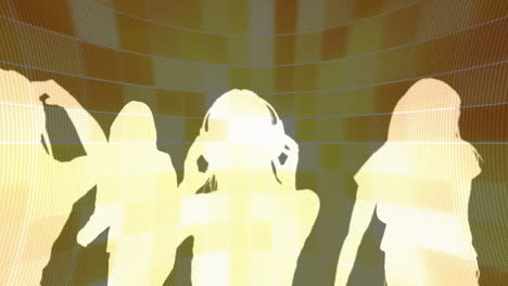 Animation-of-silhouettes-of-people-dancing-over-yellow-shapes