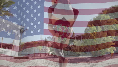 Animation-of-american-flag-over-two-diverse-couples-piggybacking-on-sunny-beach