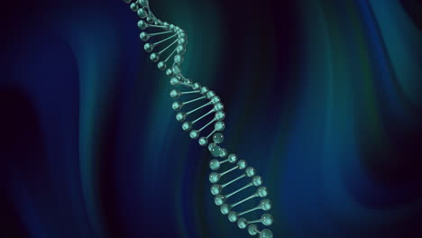 Animation-Eines-DNA-Strangs,-Der-über-Einem-Sich-Bewegenden-Dunkelblauen-Und-Grünen-Hintergrund-Rotiert