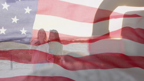 Animation-Der-Flagge-Der-USA-über-Glücklichen,-Unterschiedlichen-Frauen-Mit-Dem-Auto-Am-Strand-Im-Sommer
