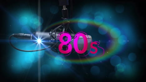 Animation-of-80s-text-over-light-spots-and-microphone