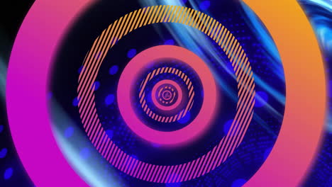 Animation-of-pink-and-orange-concentric-data-loading-rings-processing-over-blue-light-swirl
