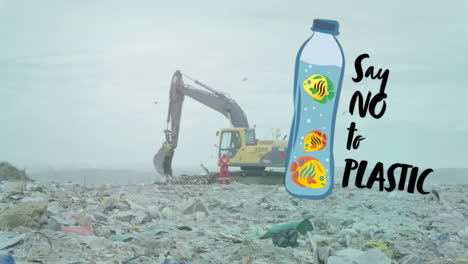 Animation-of-say-no-to-plastic-text-and-bottle-with-fish-over-rubbish-in-landfill