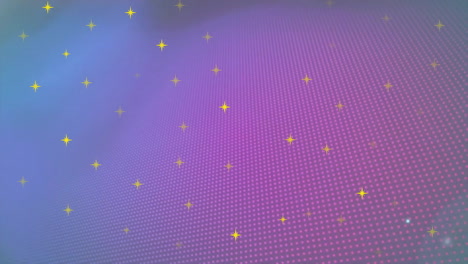 Animation-Von-Gelben-Sternen-über-Verschwommen-Blinkenden-Bunten-Lichtern-Auf-Einem-Pixeligen-Bildschirm