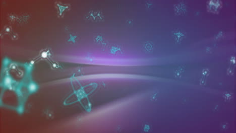 Animation-of-molecular-and-atomic-structures-and-connections-over-moving-soft-pink-and-purple-light