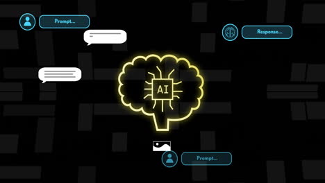 Animation-of-ai-text,-brain-and-digital-data-processing-over-black-background