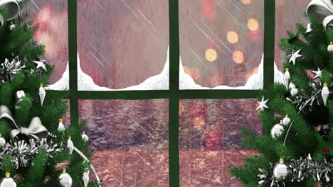 Animation-of-window-with-christmas-trees-over-light-spots-and-winter-landscape